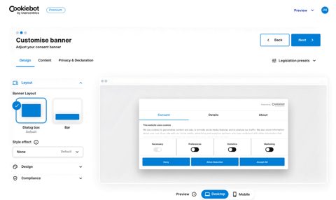Cookiebot screenshot: Consent banner customisation