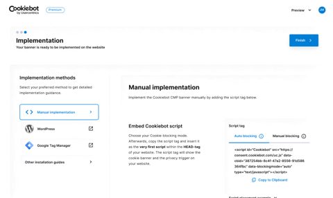 Cookiebot screenshot: Implementation methods and script tag