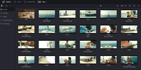 DaVinci Resolve screenshot: Color page gallery of stills