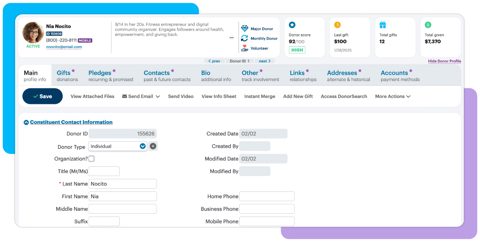 DonorPerfect screenshot: Donor profile with donor score