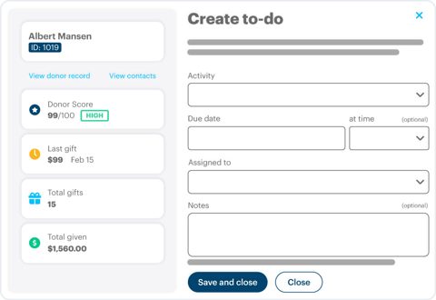 DonorPerfect screenshot: Create a to-do on a donor record