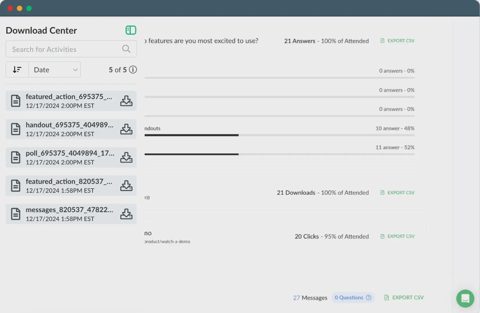 Demio screenshot: Webinar download center and engagement stats