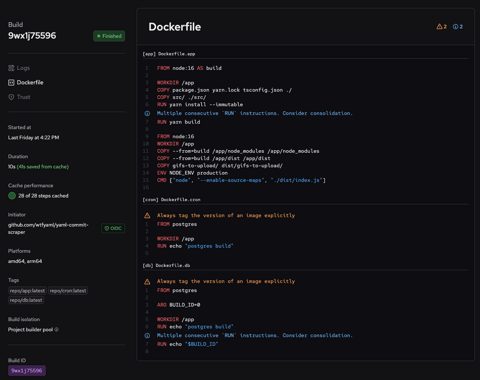 Depot screenshot: Dockerfile view for a build