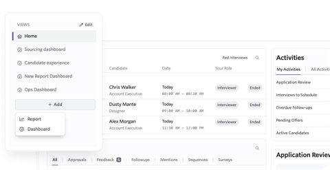 Ashby screenshot: Analytics dashboards and interview list