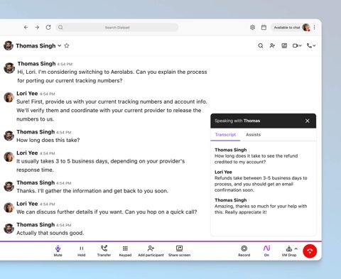 Dialpad Contact Center screenshot: Live call transcript