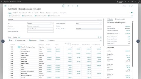 Dynamics 365 Business Central screenshot: Job card with tasks and cost totals