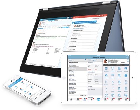 eClinicalWorks screenshot: EHR on laptop, tablet and phone
