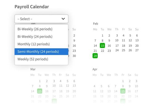 Employee Navigator screenshot: Payroll calendar and pay frequency select