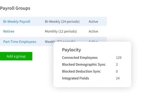 Employee Navigator screenshot: Payroll groups and sync status