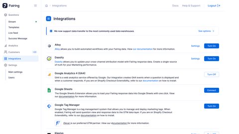 Fairing screenshot: Integrations settings