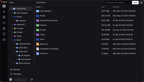 Filen screenshot: Desktop app cloud drive file list