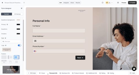 Fillout screenshot: Form designer with theme options