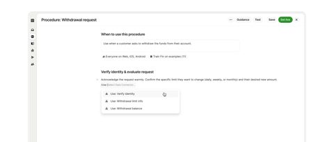 Fin by Intercom screenshot: Procedure editor with step actions