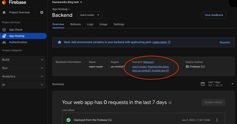 Firebase screenshot: App Hosting backend overview in the console