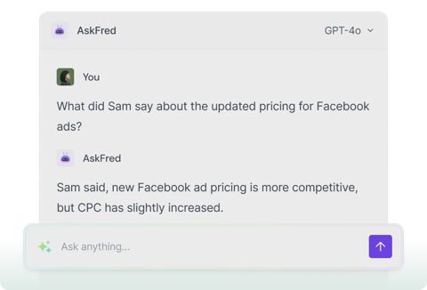 Fireflies.ai screenshot: Ask Fred chat over meeting transcripts