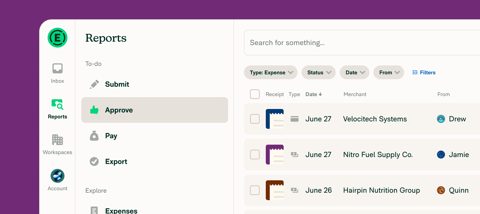 Expensify screenshot: Reports list with approval menu