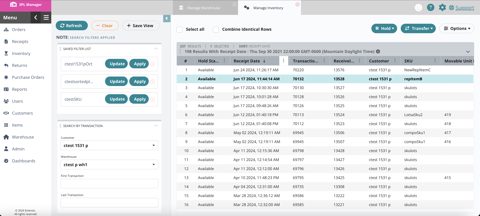 Extensiv screenshot: Manage inventory table