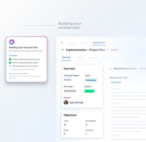 Gainsight screenshot: Success plan with onboarding objectives