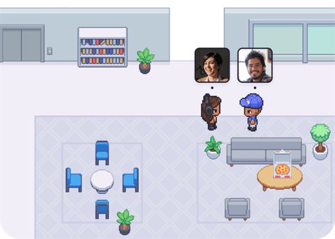Gather screenshot: Avatars meeting in a virtual office room