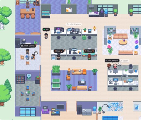 Gather screenshot: Virtual office floor map with team desks