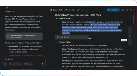 Gemini screenshot: Gemini chat panel beside a document