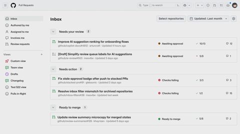 GitHub screenshot: Pull request inbox with review status