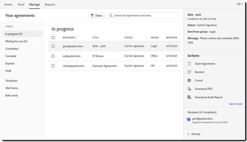 Adobe Acrobat Sign screenshot: Manage page with agreement list and actions