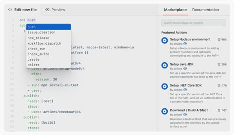 GitHub Actions screenshot: Workflow YAML editor with marketplace sidebar