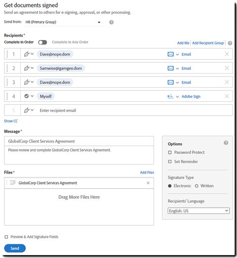 Adobe Acrobat Sign screenshot: Send page with recipients and message