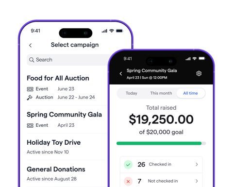 Givebutter screenshot: Mobile app campaign list and event check-in