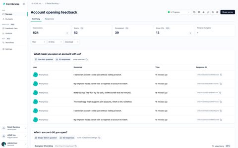 Formbricks screenshot: Survey summary with responses