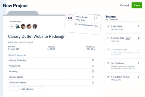 FreshBooks screenshot: New project setup screen