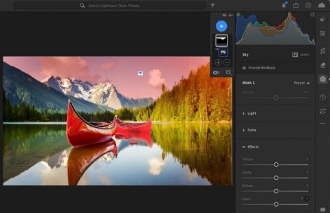 Adobe Lightroom screenshot: Select Sky mask with edit panels