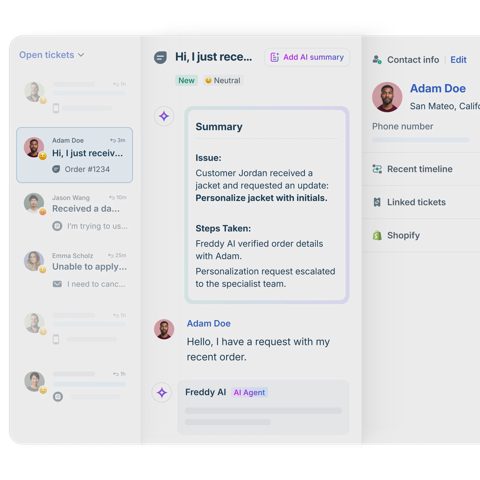 Freshdesk screenshot: Ticket view with AI summary