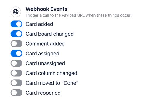Fizzy screenshot: Webhook event settings