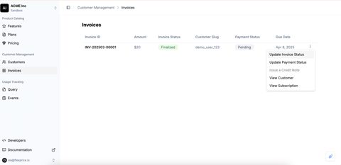 Flexprice screenshot: Invoices list