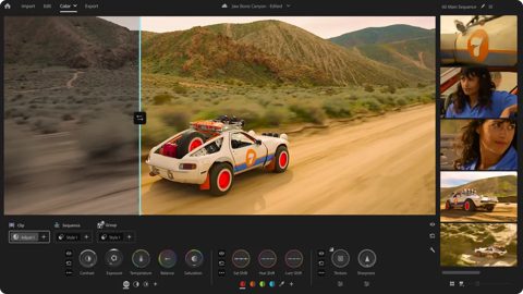 Adobe Premiere Pro screenshot: Color workspace with controls and clip thumbnails