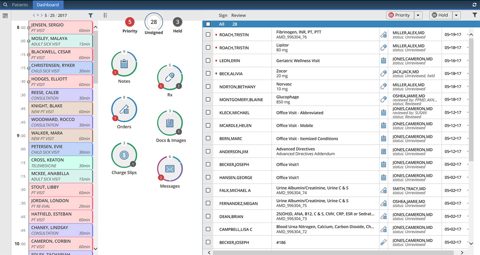 AdvancedMD screenshot: EHR dashboard with inbox and activity donuts