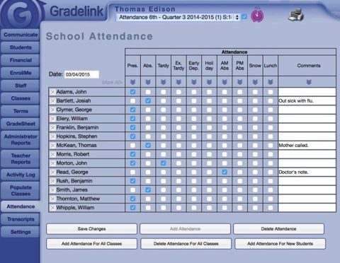 Gradelink screenshot: School attendance screen