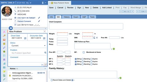 AdvancedMD screenshot: Patient chart with new problem and note