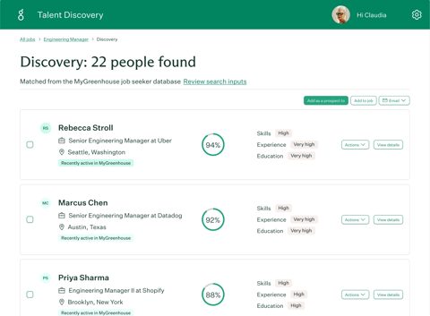 Greenhouse screenshot: Talent discovery candidate matches