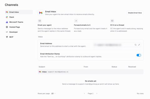 Gumloop screenshot: Agent channels and email inbox