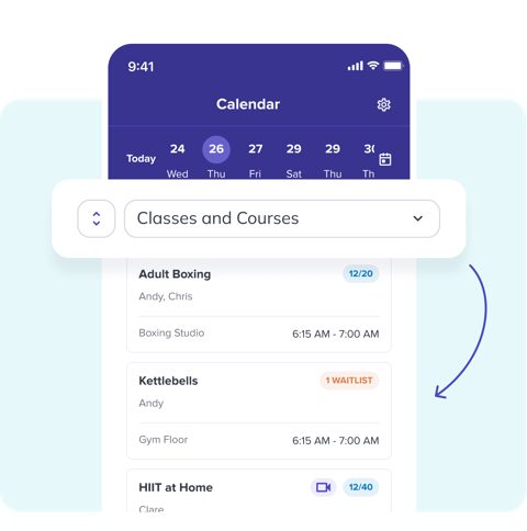 Glofox screenshot: Class booking calendar on mobile