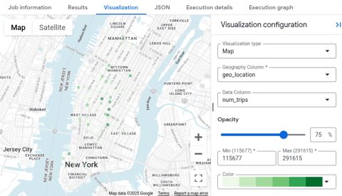 Google BigQuery screenshot: Map visualization of query results