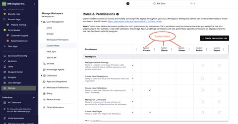 Guru screenshot: Roles and permissions settings