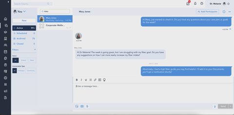 Healthie screenshot: Client chat inbox