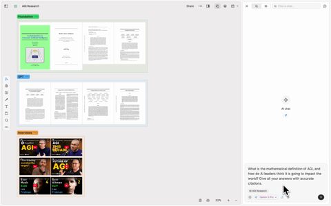 Heptabase screenshot: Whiteboard of PDFs and videos with AI chat