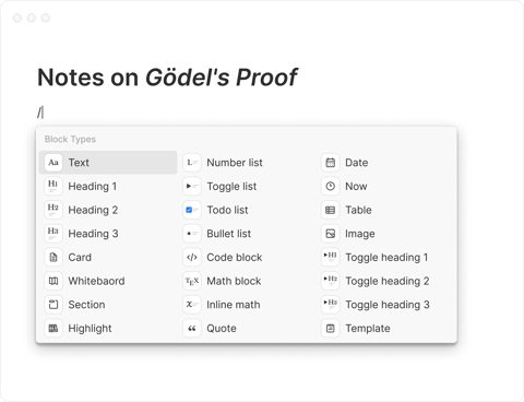 Heptabase screenshot: Note editor block menu
