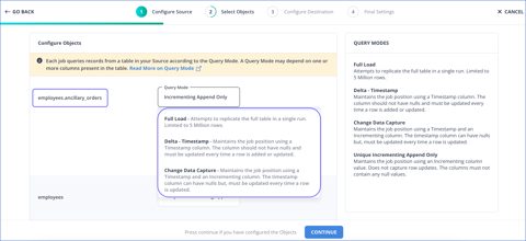 Hevo Data screenshot: Configure objects with query mode options