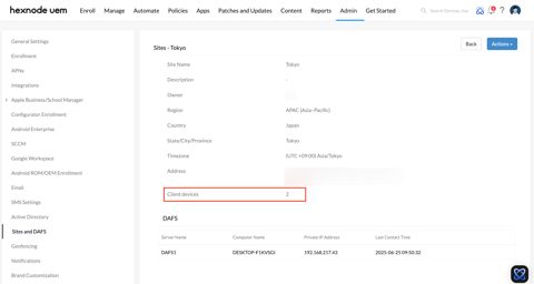 Hexnode screenshot: Admin site details with client devices